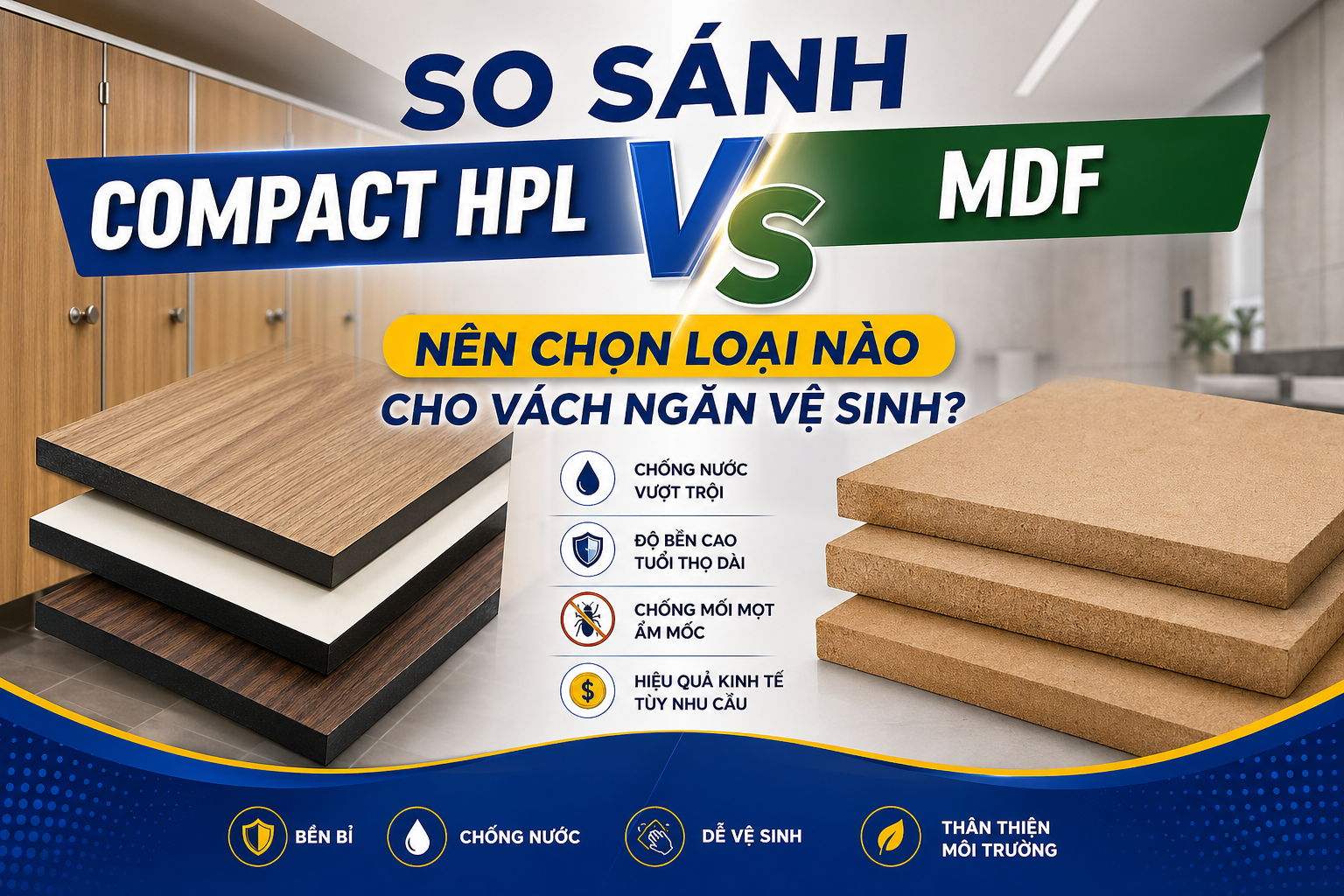 So sánh Compact HPL vs MDF – nên chọn loại nào cho vách ngăn vệ sinh?
